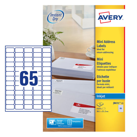 Avery Inkjet Mini Label 38.1x21.2mm 65 Per A4 Sheet White (Pack 1625 Labels) J8651-25