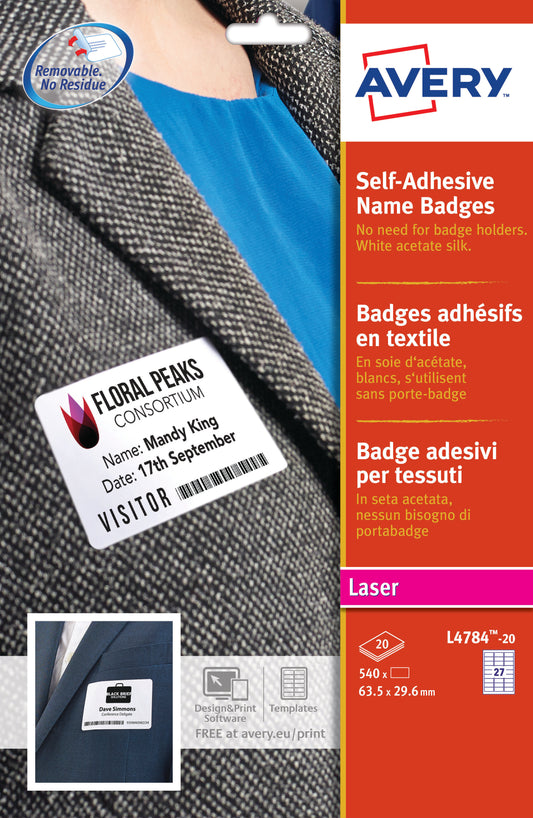 Avery Self-Adhesive Name Badge 63.5x29.6mm White (Pack 540) L4784-20 - NWT FM SOLUTIONS - YOUR CATERING WHOLESALER
