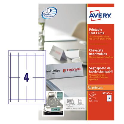 Avery Printable Tent Card 120x45mm 4 Per Sheet 190gsm White (Pack 40) L4794-10