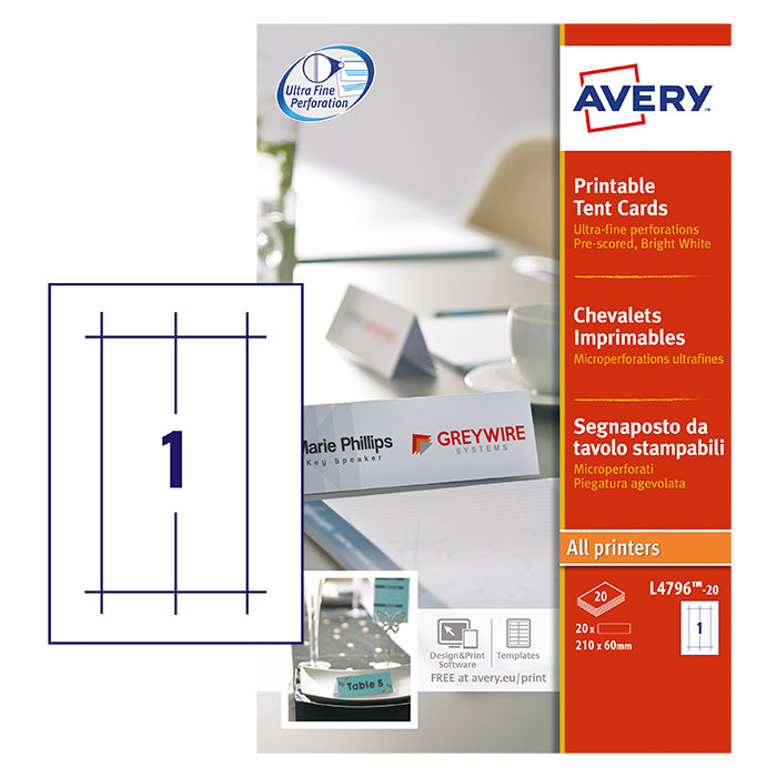 Avery Printable Tent Card 210x60mm 1 Per Sheet 190gsm White (Pack 20) L4796-20