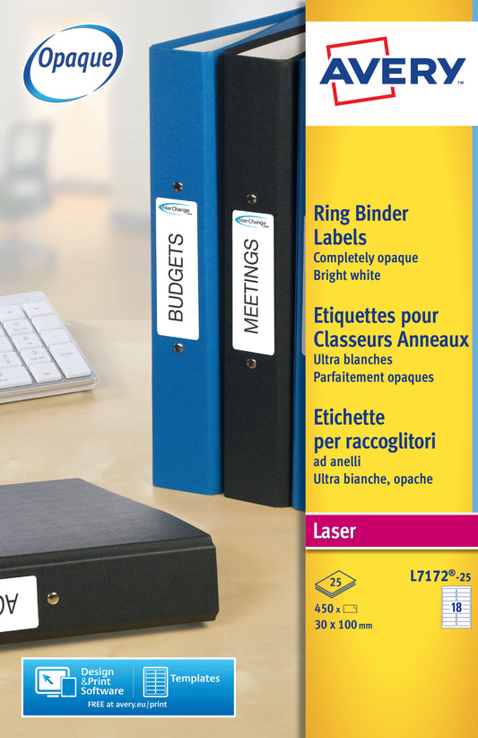 Avery Laser Filing Label Ring Binder 100x30mm 18 Per A4 Sheet White (Pack 450 Labels) L7172-25 - NWT FM SOLUTIONS - YOUR CATERING WHOLESALER