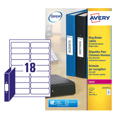 Avery Laser Filing Label Ring Binder 100x30mm 18 Per A4 Sheet White (Pack 450 Labels) L7172-25