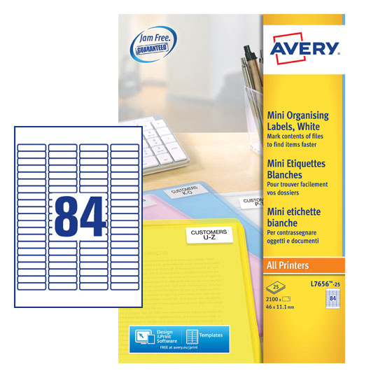 Avery Multipurpose Mini Label 46x11mm 84 Per A4 Sheet White (Pack 2100 Labels) L7656-25