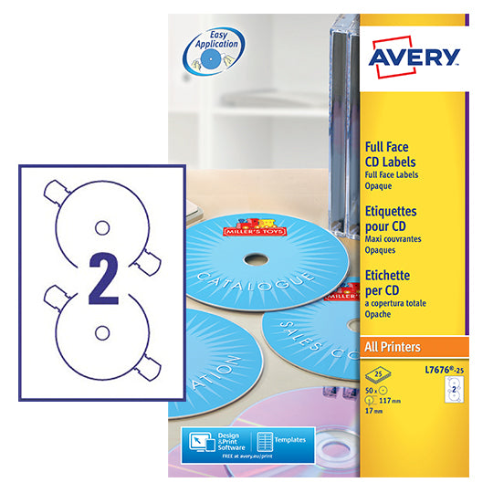 Avery Full Face CD/DVD Matt Label 117mm Diameter 2 Per A4 Sheet White (Pack 50 Labels) L7676-25