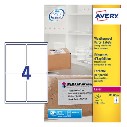 Avery Laser Weatherproof Parcel Label 99x139mm 4 Per A4 Sheet White (Pack 100 Labels) L7994-25