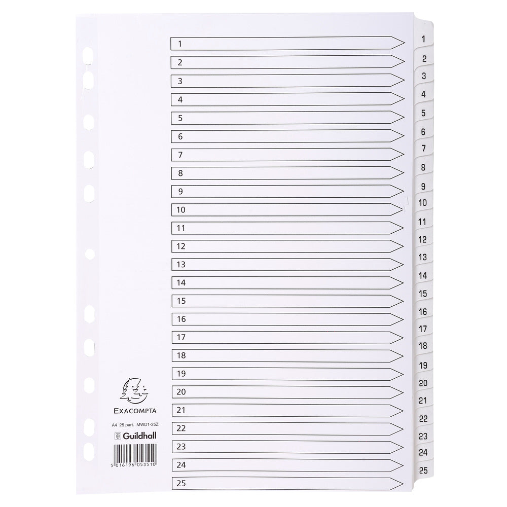 Exacompta Index 1-25 A4 160gsm Card White with White Mylar Tabs - MWD1-25Z - NWT FM SOLUTIONS - YOUR CATERING WHOLESALER