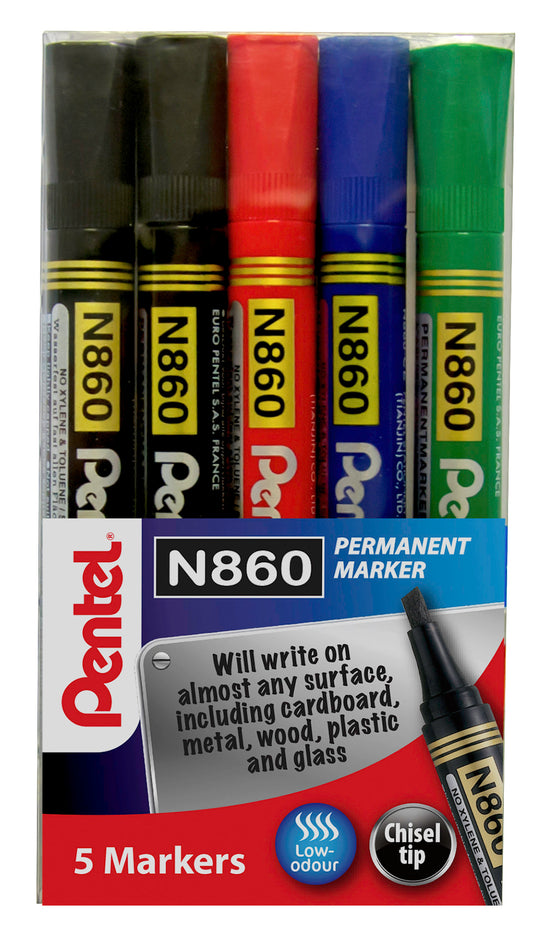 Pentel N860 Permanent Marker Chisel Tip 1.8 - 4.5mm Line Assorted (Pack 5) YN860/5-M - NWT FM SOLUTIONS - YOUR CATERING WHOLESALER