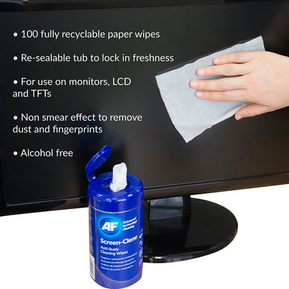 AF Screen-Clene Anti-Static Cleaning Wipes Tub (Pack 100) SCR100T