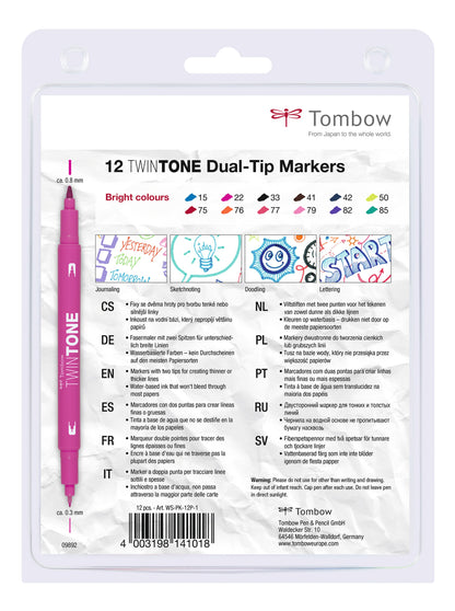 Tombow TwinTone Dual Tip Marker 0.8mm and 0.3mm Line Bright Assorted Colours (Pack 12) - WS-PK-12P-1