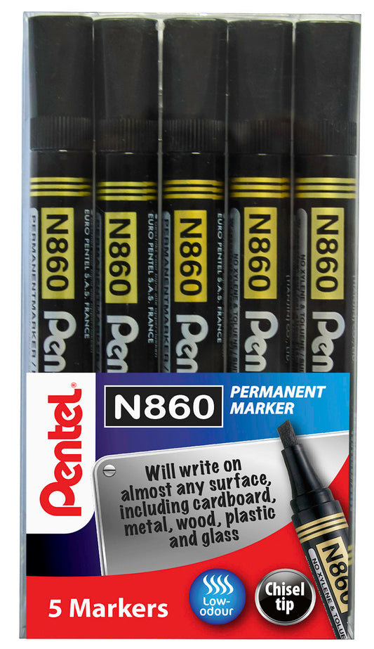 Pentel N860 Permanent Marker Chisel Tip 1.8 - 4.5mm Line Black (Pack 5) YN860/5-A - NWT FM SOLUTIONS - YOUR CATERING WHOLESALER